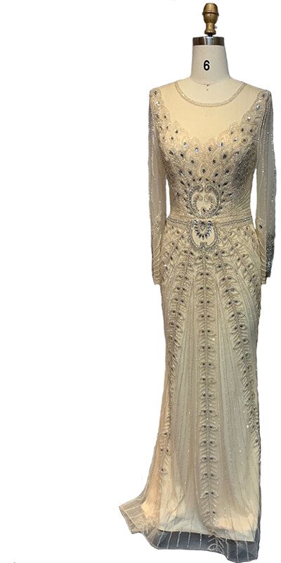Vestido de noche de sirena de lujo color champán, estilo Dubái, con mangas largas y pedrería de diamantes, vestido formal 2025 LA70443 