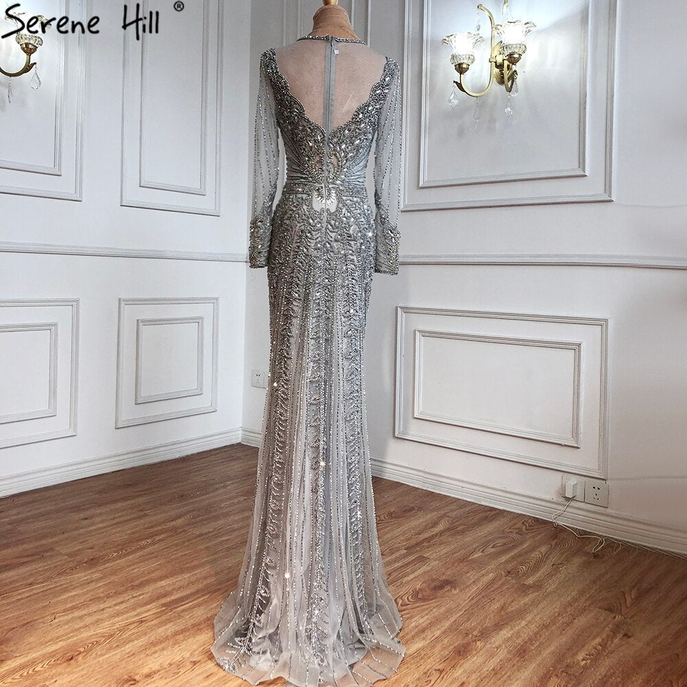 Vestido de noche de sirena de lujo color champán, estilo Dubái, con mangas largas y pedrería de diamantes, vestido formal 2025 LA70443 