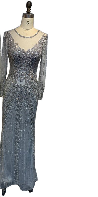 Vestido de noche de sirena de lujo color champán, estilo Dubái, con mangas largas y pedrería de diamantes, vestido formal 2025 LA70443 