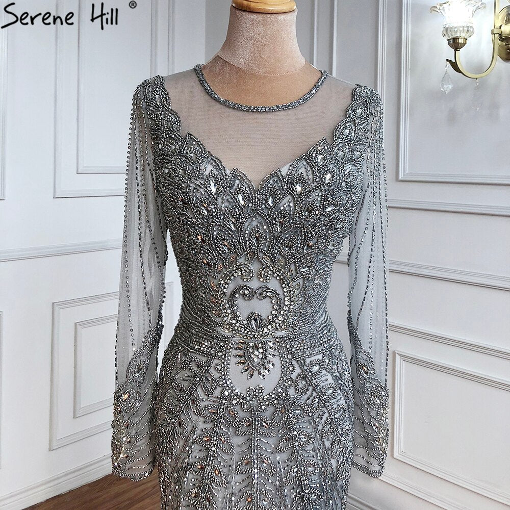 Vestido de noche de sirena de lujo color champán, estilo Dubái, con mangas largas y pedrería de diamantes, vestido formal 2025 LA70443 