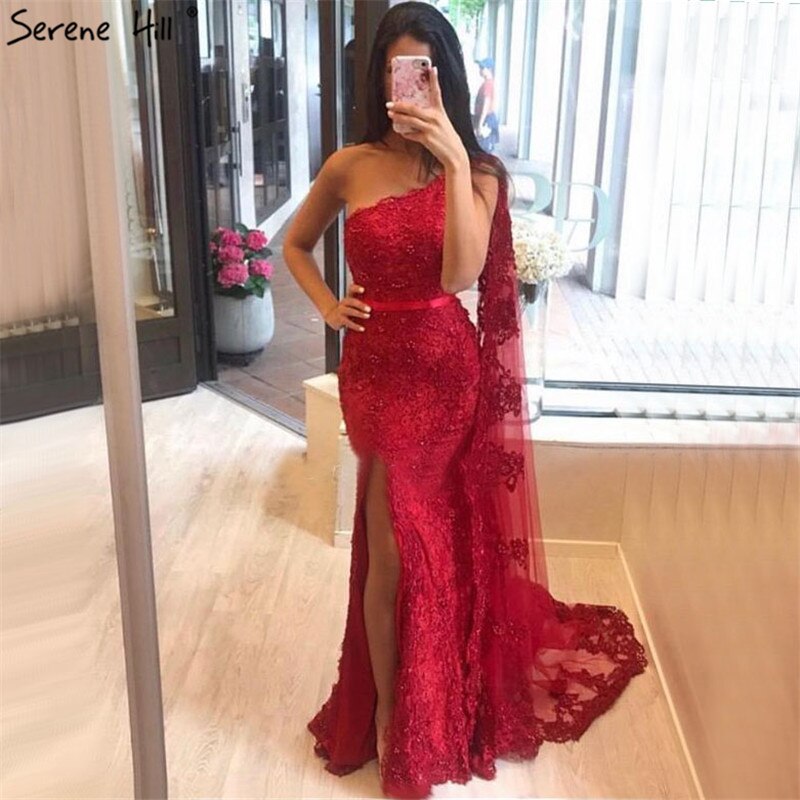 Champagne One Shoulder Mermaid Sexy Evening Dressese Sleeveless Lace Pearls Formal Dress 2025 LA70181