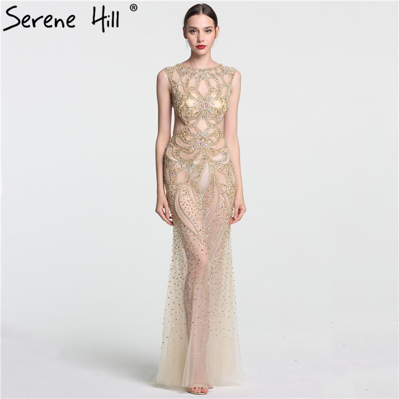 Im Angebot, keine Rückgabe, keine Rückerstattung. Champagner, transparentes, sexy Meerjungfrau-Abendkleid, ärmellos, Pailletten, Tüll, Abendkleider 2025 LA6156 