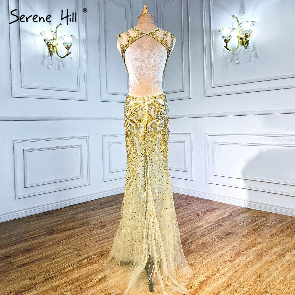 Im Angebot, keine Rückgabe, keine Rückerstattung. Champagner, transparentes, sexy Meerjungfrau-Abendkleid, ärmellos, Pailletten, Tüll, Abendkleider 2025 LA6156 