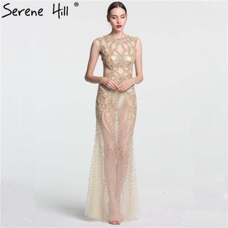Im Angebot, keine Rückgabe, keine Rückerstattung. Champagner, transparentes, sexy Meerjungfrau-Abendkleid, ärmellos, Pailletten, Tüll, Abendkleider 2025 LA6156 