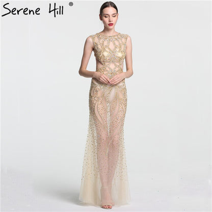 En oferta, sin devolución ni reembolso. Venta de vestido de noche de sirena sexy transparente color champán sin mangas con lentejuelas de tul, vestidos de noche 2025 LA6156 