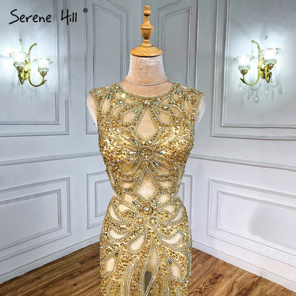 En oferta, sin devolución ni reembolso. Venta de vestido de noche de sirena sexy transparente color champán sin mangas con lentejuelas de tul, vestidos de noche 2025 LA6156 