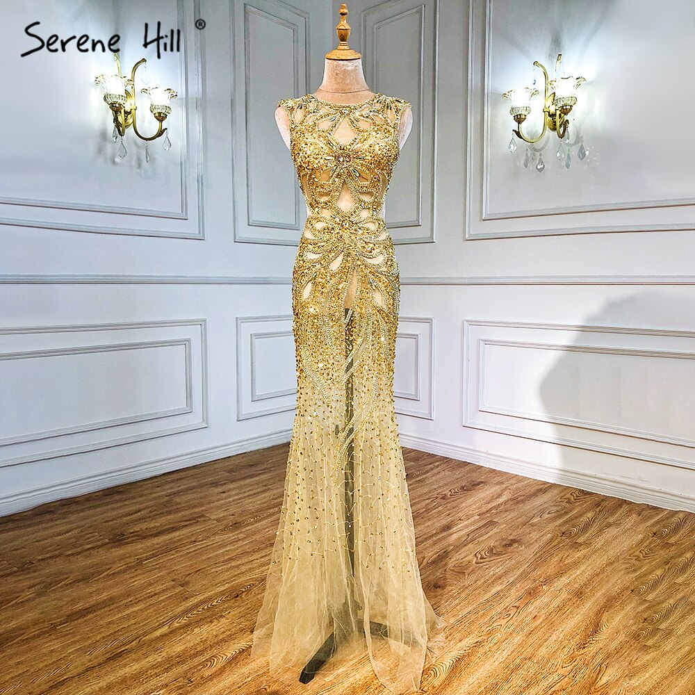 En oferta, sin devolución ni reembolso. Venta de vestido de noche de sirena sexy transparente color champán sin mangas con lentejuelas de tul, vestidos de noche 2025 LA6156 