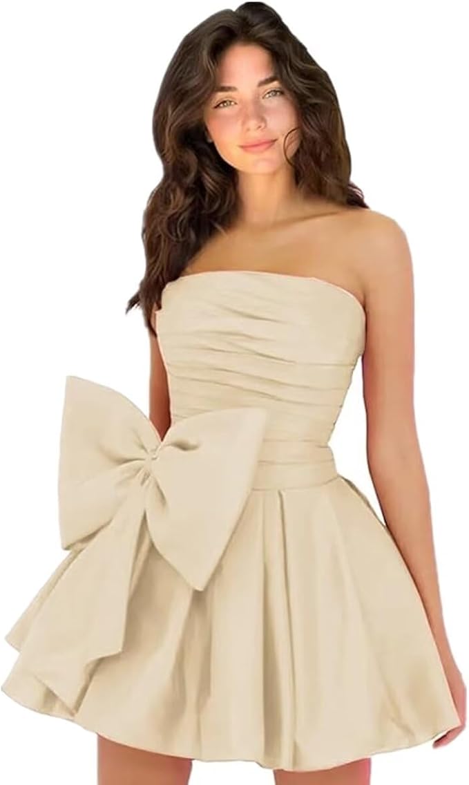 Vestidos de fiesta cortos y elegantes de corte A, sin mangas, sin tirantes, fruncidos, con cordones y lazo