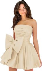 Vestidos de fiesta cortos y elegantes de corte A, sin mangas, sin tirantes, fruncidos, con cordones y lazo
