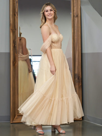 A-Line Champagne Tulle Sweetheart Tea-Length Prom Dress