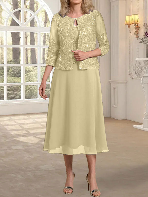 Vestido de gasa con encaje y lentejuelas para madre de la novia, corte A, escote redondo y largo hasta la rodilla