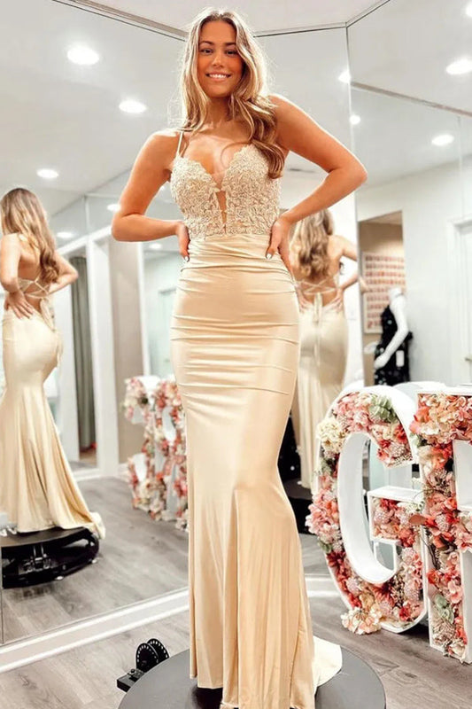 Robe de bal longue à bretelles spaghetti et dos corset couleur champagne PSK518