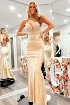 Champagner Spaghettiträger Korsett Rücken Langes Ballkleid PSK518