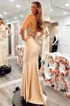 Champagner Spaghettiträger Korsett Rücken Langes Ballkleid PSK518