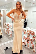 Champagner Spaghettiträger Korsett Rücken Langes Ballkleid PSK518