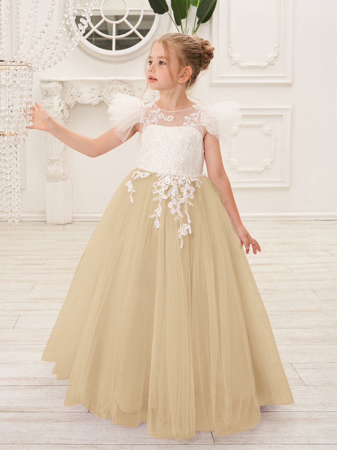 Abnehmbares Blumenmädchenkleid aus Spitze und Tüll mit Schleppe 