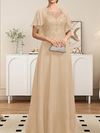 Vestido de gasa con encaje y lentejuelas para madre de la novia, corte A, escote ilusión, largo hasta el suelo