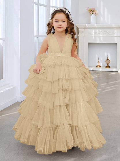 Vestido de fiesta/princesa rosa perla sin mangas con lazo de tul para niña de las flores