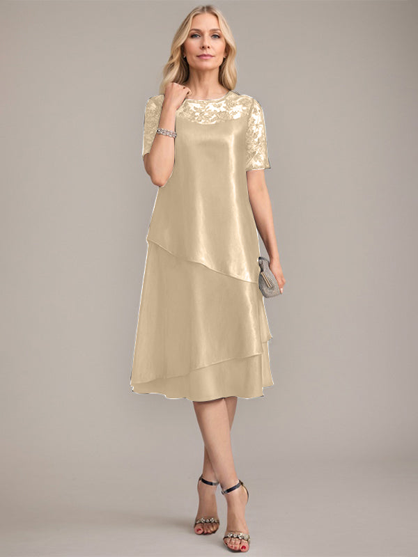 Vestido de madre de la novia con corte en A, escote redondo y largo hasta la rodilla, con apliques y lentejuelas