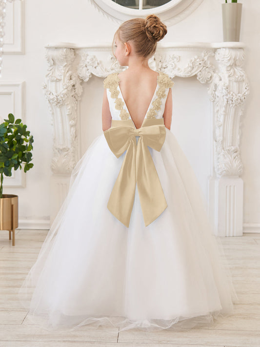 Vestido de fiesta/princesa con flores 3D de tul hasta el suelo color marfil para niña de las flores
