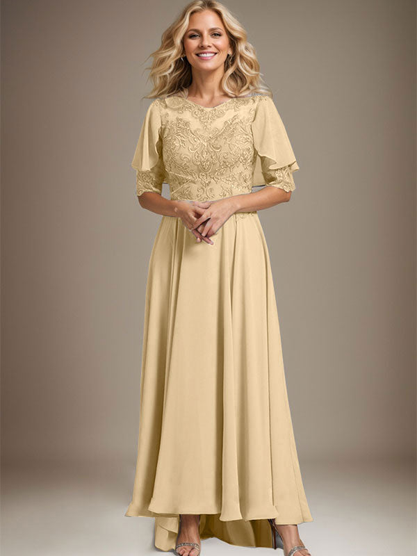 Vestido de madre de la novia de gasa asimétrica con encaje, ilusión, corte A y escote redondo con cuentas