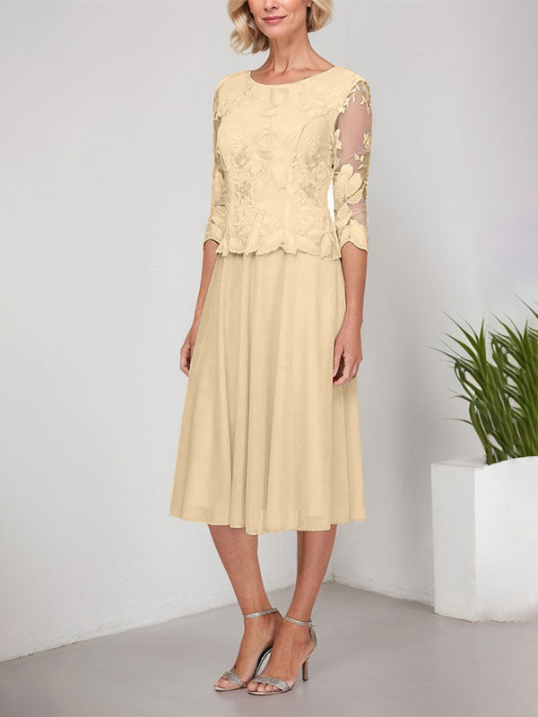 Vestido de gasa con encaje y bordado para madre de la novia, corte A, escote redondo y largo hasta la rodilla