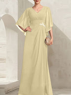 Vestido de gasa para madre de la novia, con escote en V, largo hasta el suelo, con lentejuelas plisadas y abalorios