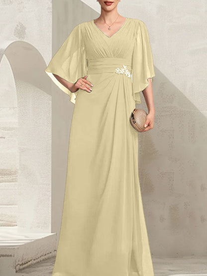 Etui-Linie/Säule V-Ausschnitt Bodenlang Chiffon Kleid für die Brautmutter mit Plissee Pailletten Perlenbesatz