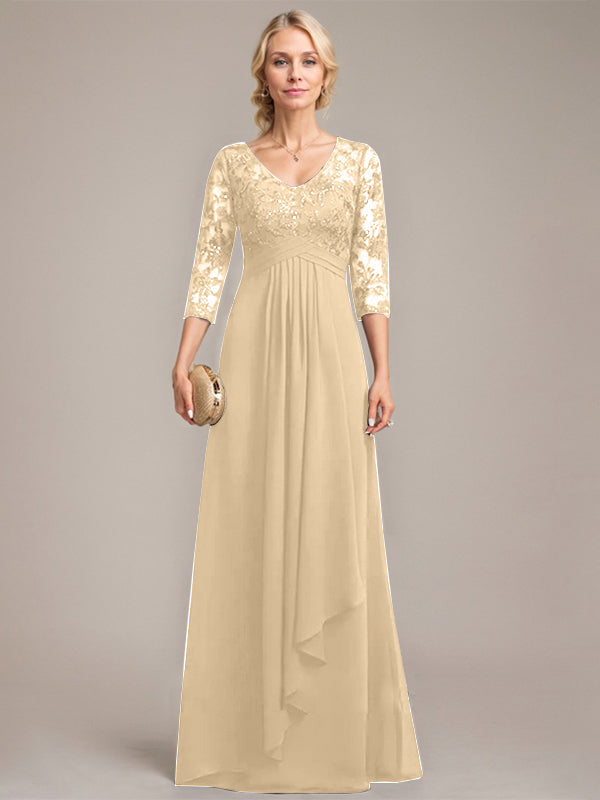 Vestido de madre de la novia de gasa con encaje, escote en V, largo hasta el suelo, con volantes en cascada y lentejuelas