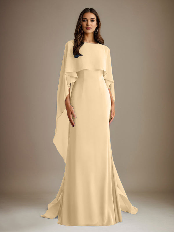 Vestido de gasa para madre de la novia, largo hasta el suelo, con escote barco y corte tubo/columna y volantes en cascada