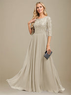 Vestido de madre de la novia de gasa con encaje, corte A, largo hasta el suelo y apliques de lentejuelas