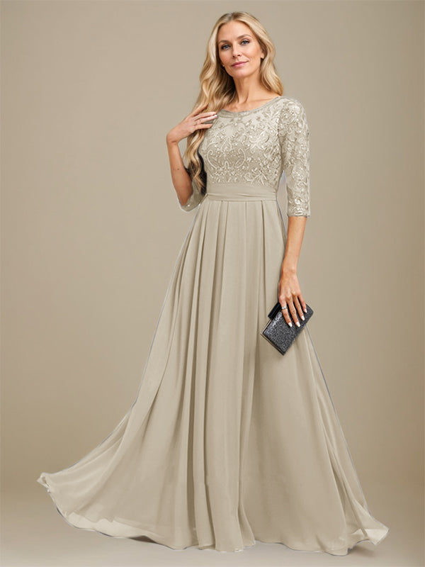 Vestido de madre de la novia de gasa con encaje, corte A, largo hasta el suelo y apliques de lentejuelas