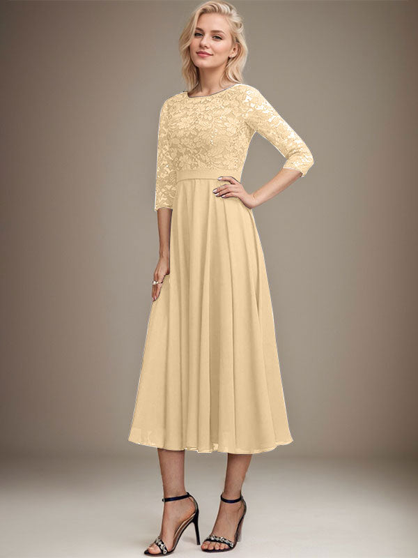 Vestido de gasa con encaje y lentejuelas para madre de la novia, corte A, escote redondo y largo hasta la rodilla
