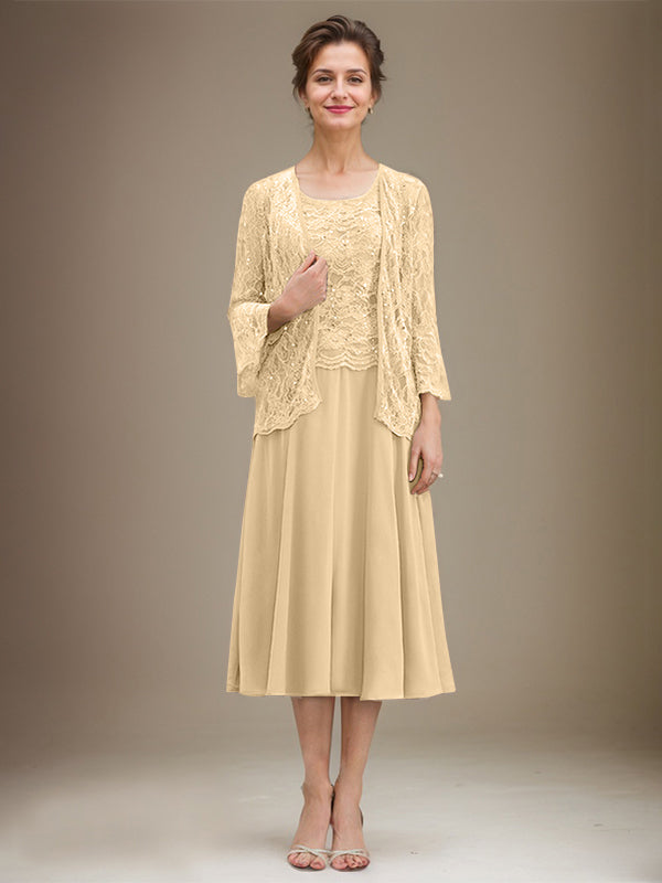Vestido de gasa con encaje y lentejuelas para madre de la novia, corte A, escote redondo y largo hasta la rodilla