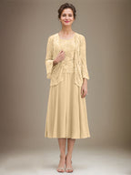 Vestido de gasa con encaje y lentejuelas para madre de la novia, corte A, escote redondo y largo hasta la rodilla