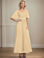 Vestido de gasa para madre de la novia con escote en V, largo hasta los tobillos, corte A y lentejuelas plisadas con cuentas