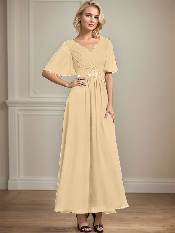 Vestido de gasa para madre de la novia con escote en V, largo hasta los tobillos, corte A y lentejuelas plisadas con cuentas