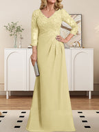 Vestido de madre de la novia de gasa con encaje, escote en V, ilusión, largo hasta el suelo, con lentejuelas plisadas