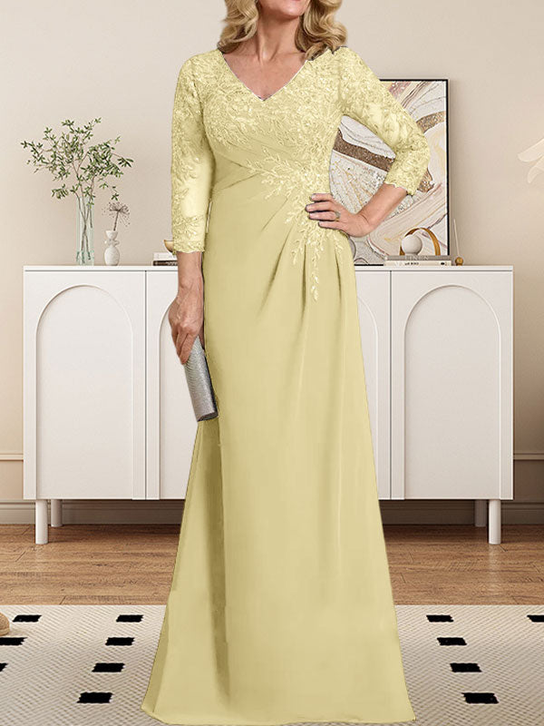 Vestido de madre de la novia de gasa con encaje, escote en V, ilusión, largo hasta el suelo, con lentejuelas plisadas
