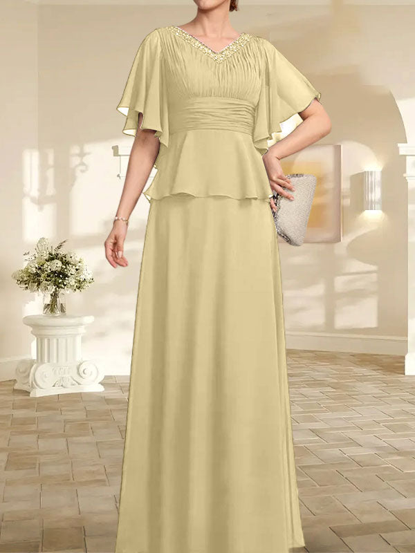 A-Linien-Kleid aus Chiffon mit V-Ausschnitt und bodenlangem Schnitt für die Brautmutter mit plissierten Perlen