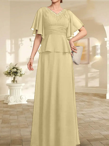 A-Linien-Kleid aus Chiffon mit V-Ausschnitt und bodenlangem Schnitt für die Brautmutter mit plissierten Perlen