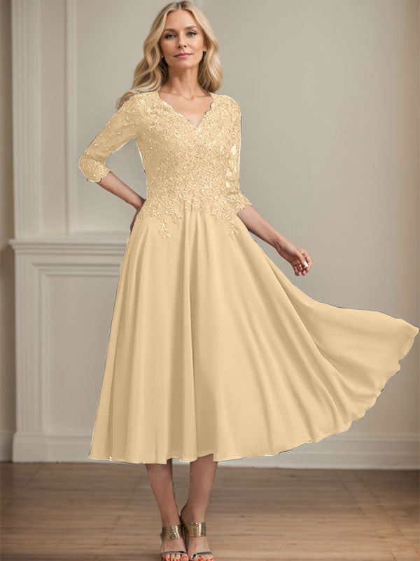 Vestido de gasa con encaje y escote en V para madre de la novia, largo hasta la rodilla, con lentejuelas y abalorios