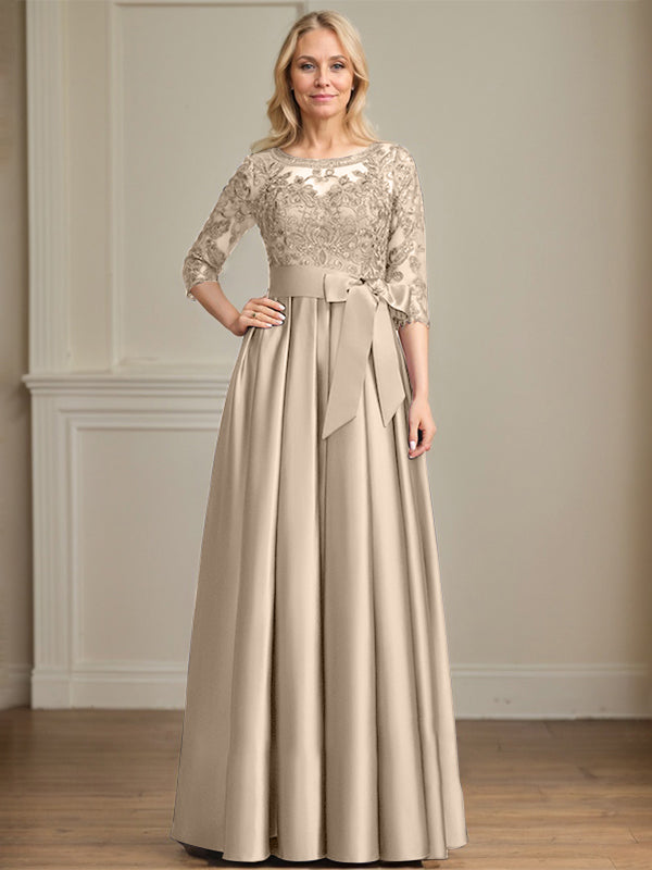 Vestido de madre de la novia de satén con encaje, corte A, escote ilusión, largo hasta el suelo, con lazo de lentejuelas
