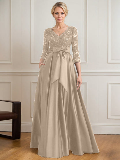 A-Linie V-Ausschnitt Bodenlanges Satin-Spitzenkleid für die Brautmutter mit Paillettenschleife 
