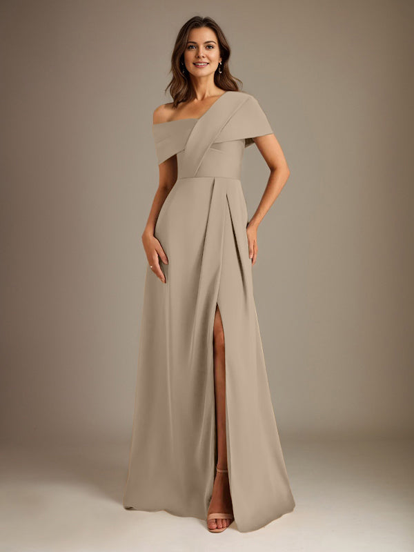 A-Line Asymmetrical Neckline Floor-Length Satin Mother of the Bride Dress With Pleated