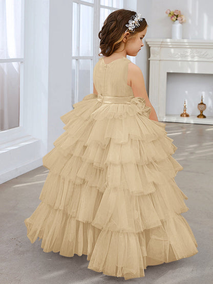 Vestido de fiesta/princesa rosa perla sin mangas con lazo de tul para niña de las flores