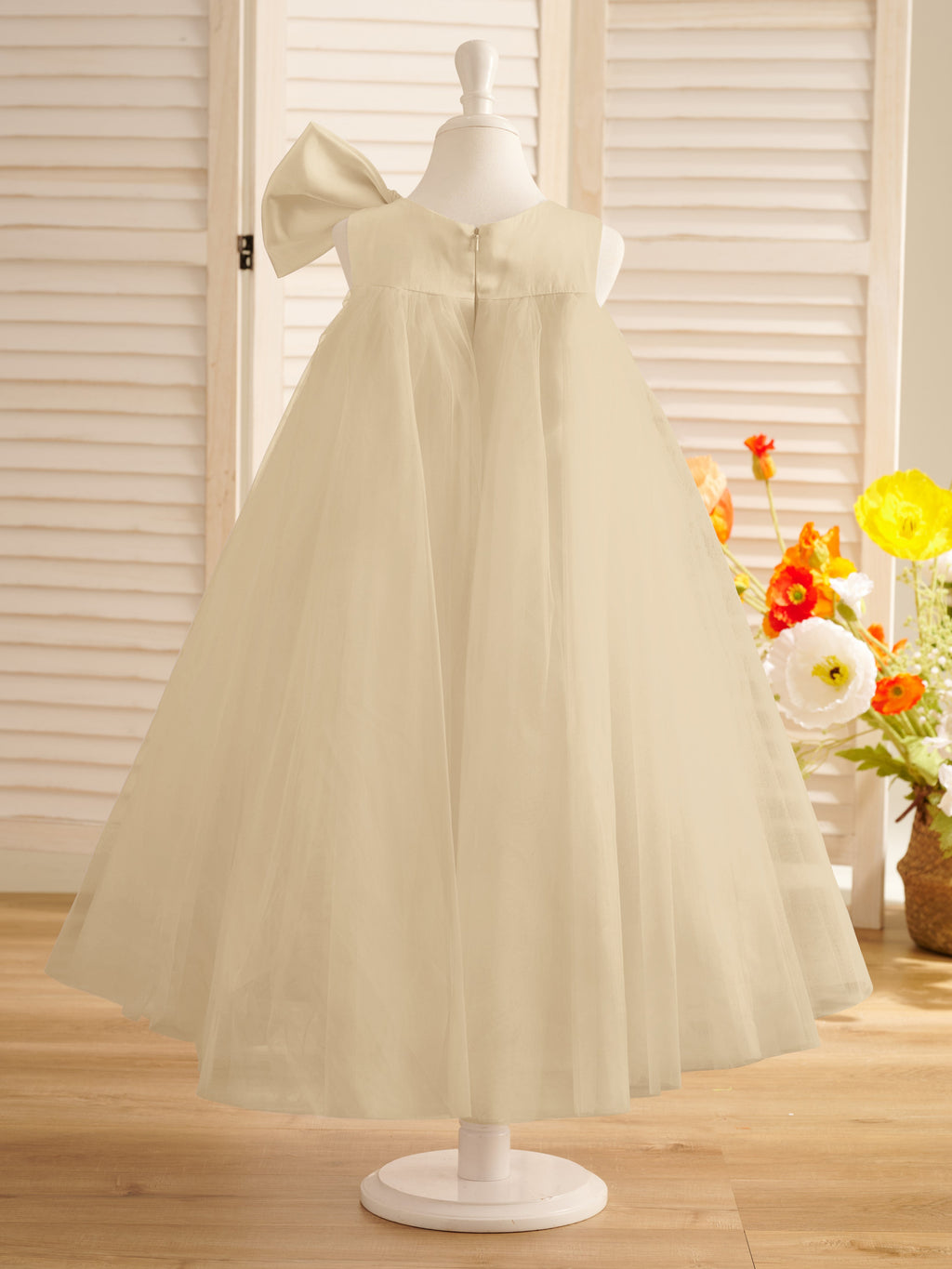 A-Linien-Kleid mit großer Schleife und Tüll in Wadenlänge für Blumenmädchen