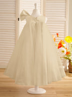 A-Linien-Kleid mit großer Schleife und Tüll in Wadenlänge für Blumenmädchen