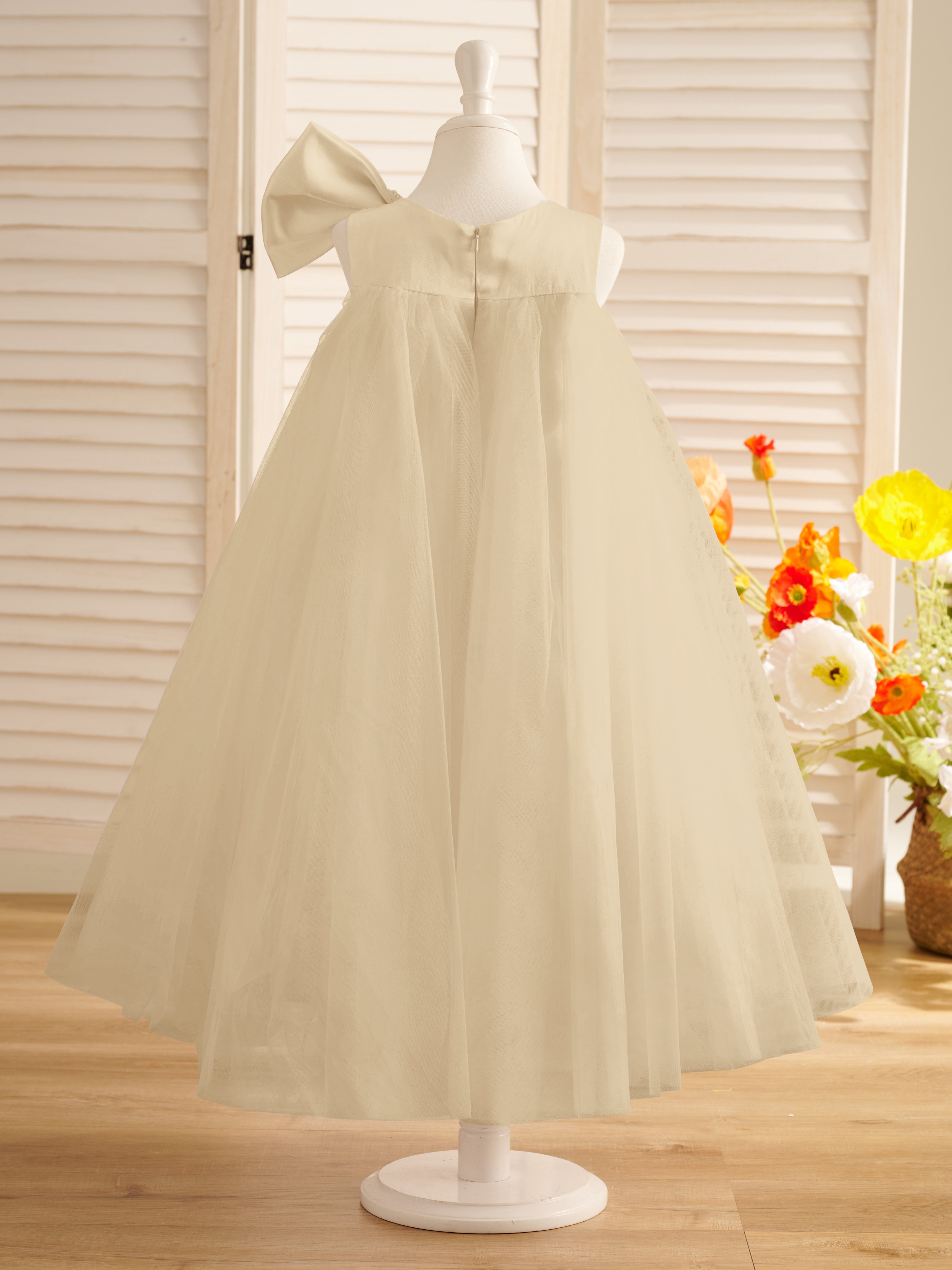 A-Linien-Kleid mit großer Schleife und Tüll in Wadenlänge für Blumenmädchen