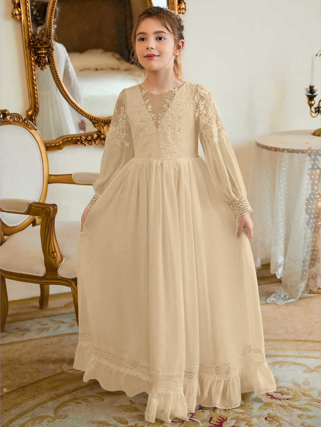 Bodenlanges Chiffon-Kleid in A-Linie und Elfenbein für die Erstkommunion 